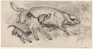 Twee honden die een varken opjagen door Jan van Essen