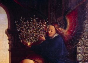 Een engel kroont de Maagd. Detail van De Maagd van Kanselier Rolin door Jan van Eyck