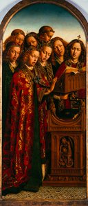 Het Gentse altaarstuk. Aanbidding van het mystieke lam: Zingende engelen, 1432 door Jan van Eyck