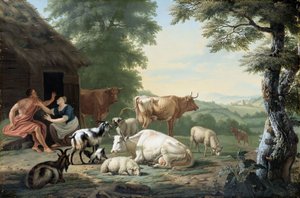 Arcadisch landschap met herders en vee door Jan van Gool