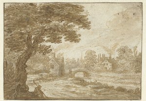 Landschap met huizen en een bruggetje door Jan van Goyen (possibly)