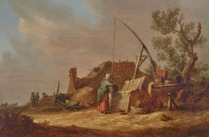 Een landschap met een vrouw bij een bron door Jan van Goyen