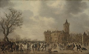 Een winterlandschap met figuren die zich op het ijs desporten bij het Kasteel Montfoort door Jan van Goyen