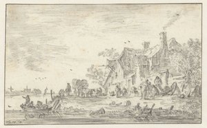 Boerderij aan de oever van een rivier door Jan van Goyen