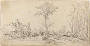 Huisje bij een rivier door Jan van Goyen