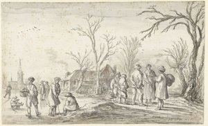 Figuren bij een dorp in de winter door Jan van Goyen
