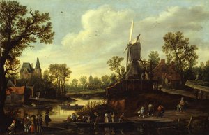 Duits: Flusslandschaft mit Fähre Rivierlandschap met een veerboot