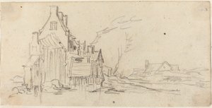 Huizen langs een weg door Jan van Goyen