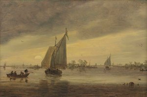 Zonsopgang over de Haarlemmermeer met een schippersschip en andere boten