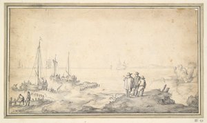 Drie figuren op een duin met uitzicht op baai met schepen door Jan van Goyen