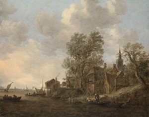 Gezicht op een stad aan een rivier door Jan van Goyen
