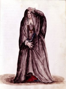 Een Venetiaanse courtisane in de 18e eeuw. Aquarel en inkt uit het manuscript 