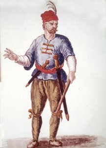 Een galerij in de 18e eeuw. Aquareltekening en inkt uit het manuscript 