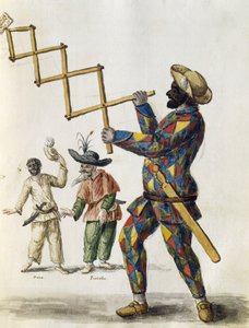Harlekijn, aquarel uit De Venetiaanse kledij, van bijna elke leeftijd zorgvuldig verzameld en geschilderd in de 18e eeuw, door Jan van Grevenbroeck of Giovanni Grevembroch, Italië door Jan van Grevenbroeck