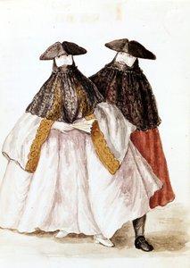 Maskers van het Carnaval van Venetië. Aquarel en inkttekening uit het manuscript 