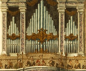 Orgel, detail van cantata van putti, door Giovanni Grevembroch
