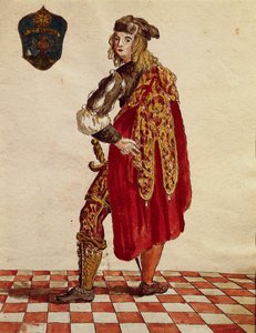 Kostuum van ridder van de Broederschap de la Calza (Stocking) in 1564, uit Gli Abiti de Veneziani, geïllustreerd kostuumboek, aquarel door Jan van Grevenbroeck