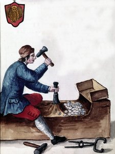De vervaardiging van munten van de Republiek Venetië: fase van het slaan. Aquarel en inkt uit het manuscript “Customs of the Venitians” door Jan van Grevenbroeck (of Giovanni Grevembroch) (1731-1807) door Jan van Grevenbroeck