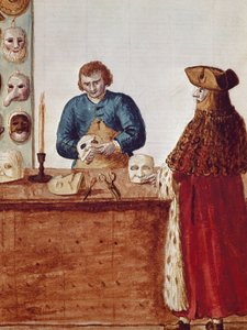 De maskershop van het Venetiaanse carnaval: een gemaskerd personage komt een masker ophalen bij de ambachtsman. Aquarel en inkttekening uit een manuscript van Jan van Grevenbroeck (of Giovanni Grevembroch) (1731-1807)