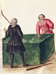 Twee Venetiaanse edelen spelen biljart, door Jan Grevenbroeck (1731-1807), gravure, Italië