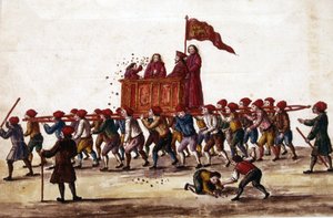 Venetiaanse feesten. De prins die net is gekozen wordt door de Arsenal-arbeiders in triomf naar het San Marcoplein gedragen. Tijdens de tocht gooit hij munten naar de menigte. Aquareltekening en inkt uit het manuscript “Gewoonten van de Venetianen” door door Jan van Grevenbroeck