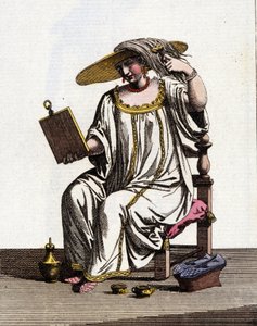 Venetiaanse vrouwenmethode om hun haar in de zon te verlichten in de 17e - 18e eeuw. Aquareltekening en inkt uit het manuscript “Gewoonten van de Venetianen” door Jan van Grevenbroeck (of Giovanni Grevembroch (Grevenbroch) (1731-1807) door Jan van Grevenbroeck