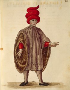 Jonge man gekleed in "Dogalina", formeel gewaad met wijde mouwen, Gli Abiti de Veneziani, uit geïllustreerd boek van kostuums door Jan van Grevenbroeck