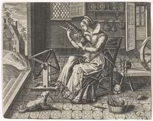 Spinster in een interieur door Jan van Halbeeck
