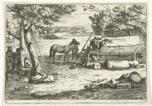 Landschap met kar en figuren door Jan van Huchtenburg