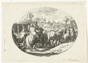 Leger en koetsen trekken naar stad door Jan van Huchtenburg