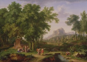 Arcadisch landschap met een buste van Flora, 1724-25
