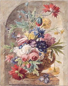 Dutch: Bloemstilleven in een vaas met oor op een piëdestal in een nis Flower Still Life door Jan van Huysum