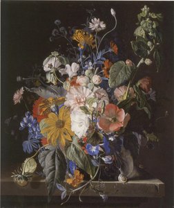 Bloemstilleven en slakken op een stenen richel door Jan van Huysum