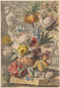 Bloemen in een Urn en vogelnest op een stenen sokkel, met een beeld van "Apollo en Daphne" op de achtergrond door Jan van Huysum