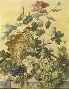 Bloemen in een urn versierd met figuren omringd door fruit op een sokkel door Jan van Huysum