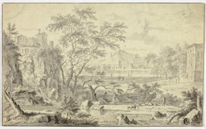 Italiaans Landschap met Herder en Kudde bij Stroom, Stad in de Verte door Jan van Huysum