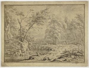 Landschap met herders bij rivier en man te paard door Jan van Huysum
