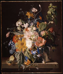 Klaprozen, stokroos, ochtendglorie, viooltje, madeliefjes, lathyrus, goudsbloemen en andere bloemen in een vaas met een slak op een richel