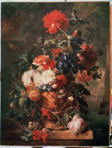 Boeket bloemen. Ook afgebeeld een nest met eieren en insecten (waaronder vlinder, vlieg, mier en lieveheersbeestje). Schilderij van Jan van Huysums (1682-1749) door Jan van Huysums