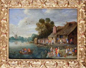 Een Rivierlandschap met Adel bij een Dorpsherberg door Jan van Kessel