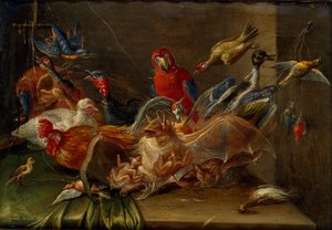 Decoratieve Stillevencompositie met Vogels en Twee Vleermuizen, midden 17e eeuw
