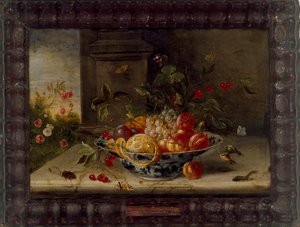 Decoratieve stillevencompositie met een porseleinen kom, fruit en insecten, midden 17e eeuw door Jan van Kessel