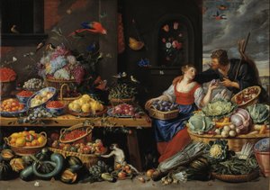 Fruit- en groentemarkt met een jonge fruitverkoper door Jan van Kessel d.Æ.