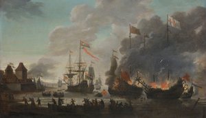 De Nederlanders verbranden Engelse schepen tijdens de Nederlandse aanval op de Medway, 20 juni 1667