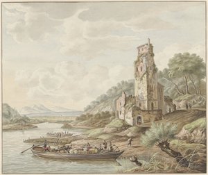 Landschap met schuit met koopwaar bij een kasteel door Jan van Lockhorst
