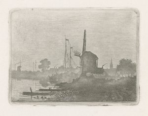 Gezicht op een molen aan het water