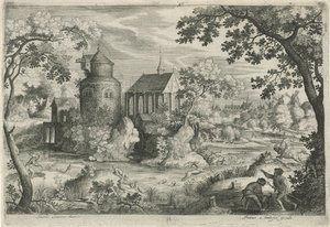 Hertenjacht bij een kapel door Jan van Londerseel