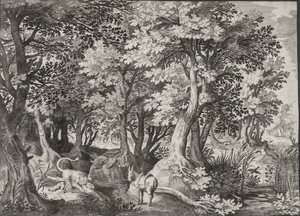Landschap met de ongehoorzame profeet die door een leeuw wordt verslonden door Jan van Londerseel