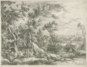Landschap met Abraham die de drie engelen smeekt Sodom te sparen door Jan van Londerseel
