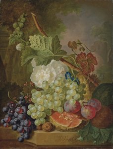Bloemen, druiven, pruimen, walnoten en een meloen op een stenen richel door Jan van Os